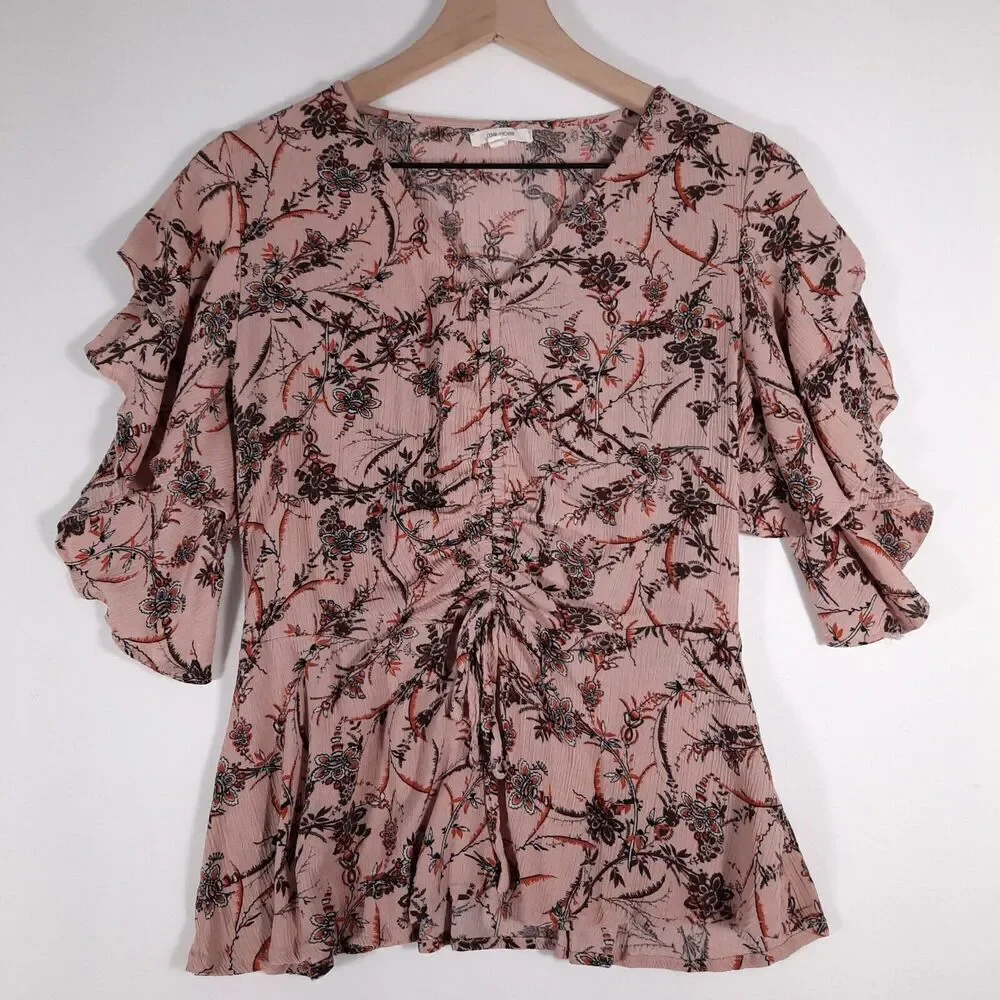 Maurice's Ruched Front Romantic Boho Gauzy Peplum Blouse Pink Floral Size Small - Picture 4 of 12